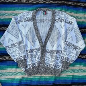 Men's Vintage 90's Colore Italy White Gray Knit Cardigan Casual Sweater Sz Large